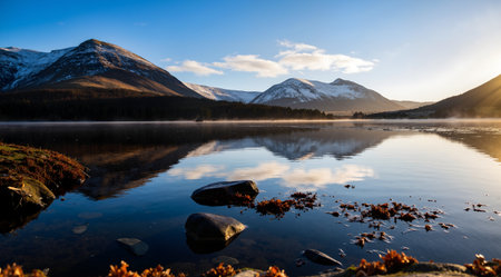 Beautiful autumn landscape with lake and mountains in the background at sunsetの素材