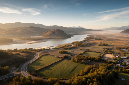 Sunset over the lake with fog in the valley. Aerial viewの素材