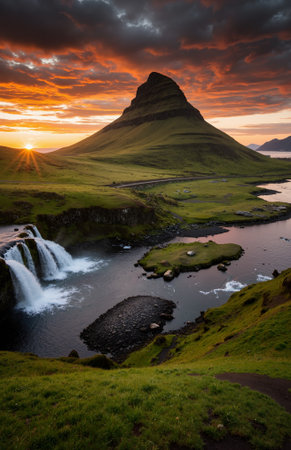 Famous Kirkjufellsfoss waterfall at sunset, Icelandの素材
