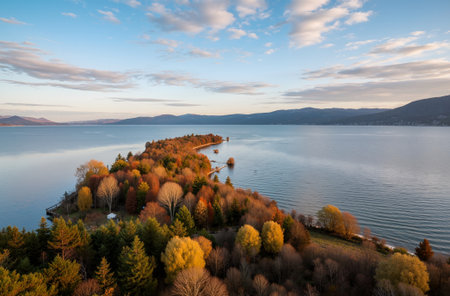 Aerial view of Lake Balaton, Hungary during autumn season.の素材