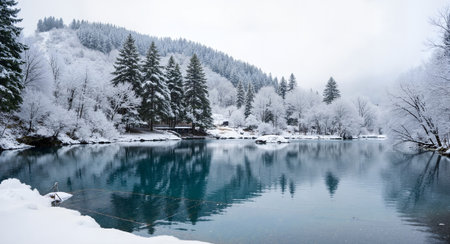 Landscape view of winter mountain lake with snow covered trees and wooden houseの素材