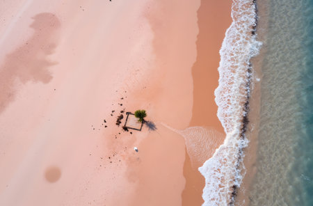 Aerial view of beautiful tropical beach with white sand and turquoise waterの素材