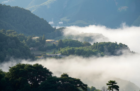 Mountain landscape with fog in the morning at Yunnan, China.の素材