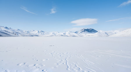 Beautiful winter landscape with snow-capped mountains and blue skyの素材