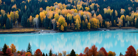 panoramic view of autumnal alpine lake with colorful treesの素材