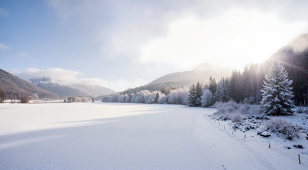 Winter landscape with frozen lake and snow covered trees in the mountains.の素材