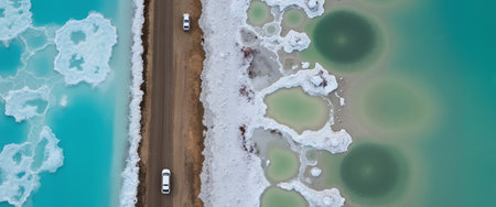 Aerial view of a road with cars passing by in winter.の素材