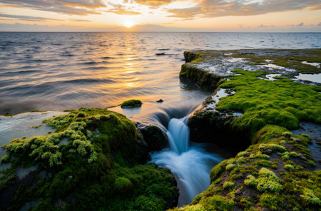 Beautiful sunset over the sea with green moss in the foreground.の素材