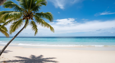 Coconut palm tree on tropical beach with turquoise waterの素材