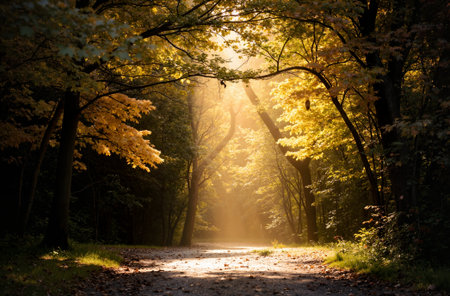 Pathway in the autumn forest. Sun rays through the trees.の素材