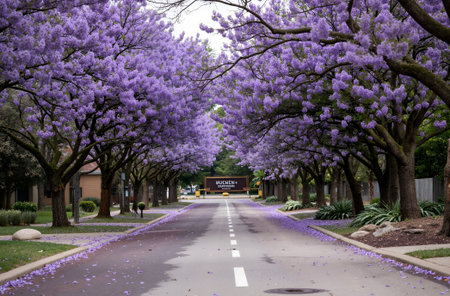 Purple jacaranda tree in bloom along a road.の素材