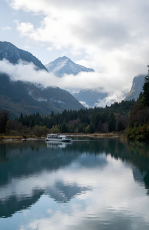 Mountain lake with reflection in autumn, Pyrenees, Spainの素材