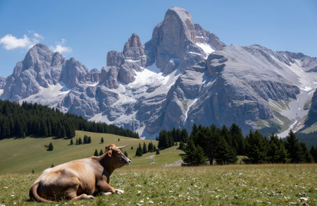 Cattle in front of the Dolomites, South Tyrol, Italyの素材