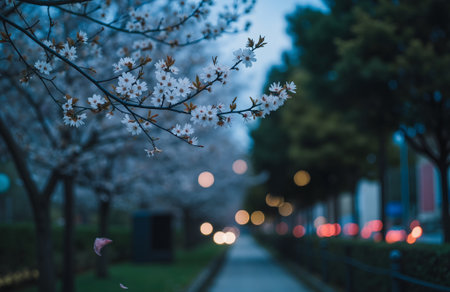 Cherry blossoms in full bloom in the city at night.の素材