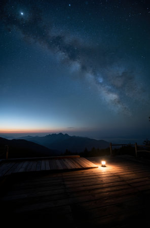 Milky Way over the mountains at night with a lantern in the foregroundの素材