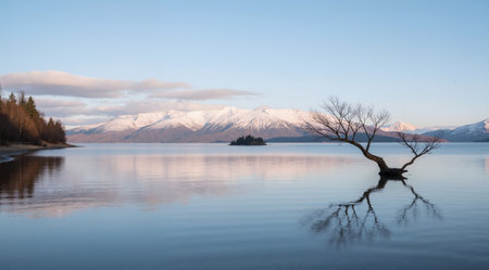 Lonely tree on the shore of Lake Wanaka, New Zealandの素材