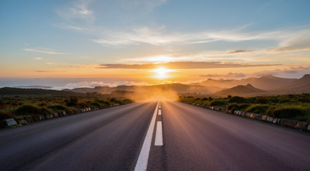 Asphalt road through the mountains at sunset, panoramic viewの素材