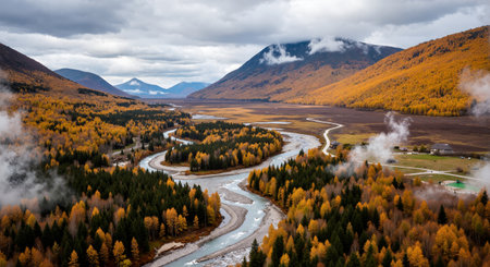 Aerial view of the autumn landscape with river and forest in Alaskaの素材