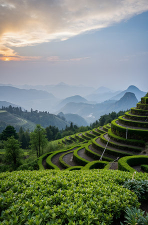 Tea Plantation at Sunrise, Chiangrai, Thailand.の素材