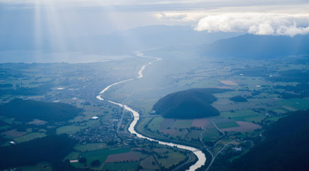 Aerial view of a small town in the middle of a valleyの素材