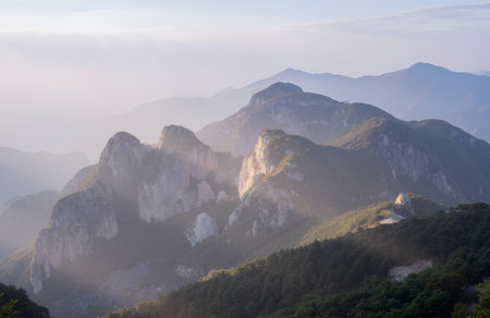 Mountain landscape in the morning mist. Crimea, Ukraine, Europe.の素材