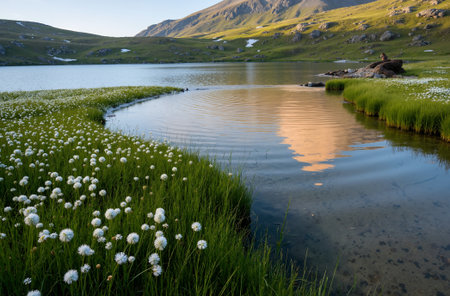 Beautiful mountain lake with grass and dandelions in the summerの素材