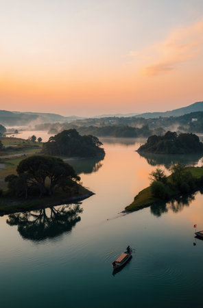 Foggy sunrise over the river with boats in the foreground.の素材