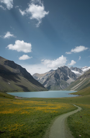 Mountain landscape with lake and blue sky, Kyrgyzstanの素材