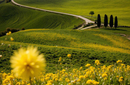 Tuscany landscape with road and yellow flowers in spring, Italyの素材