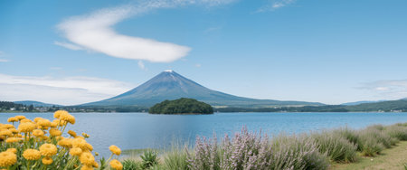Panoramic view of Mount Fuji and lake Kawaguchiko, Yamanashi, Japanの素材