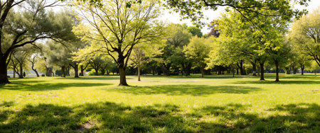 Green park with trees and grass in springtime, panoramic viewの素材