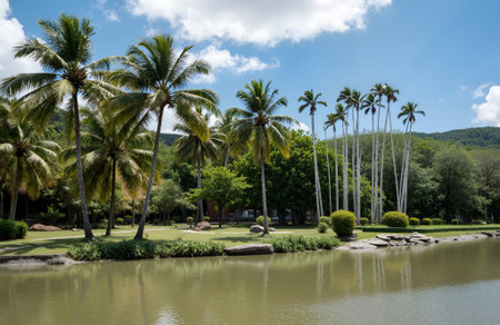 View of the lake and palm trees in the botanical garden.の素材