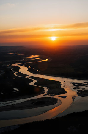Sunset over the river Dniester. Aerial view.の素材