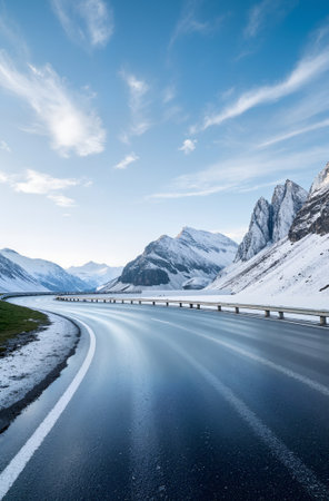 highway in the mountains with fog and sun in the blue skyの素材