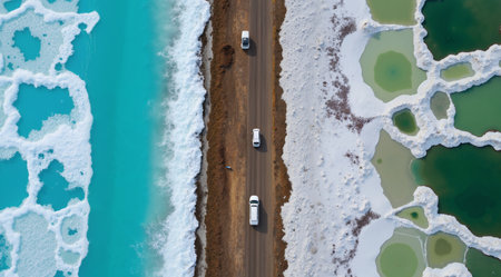 Aerial view of a road in winter with snow and ice.の素材
