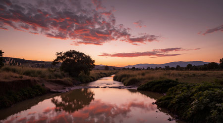 Sunset over a river in the Okavango Delta, Botswanaの素材