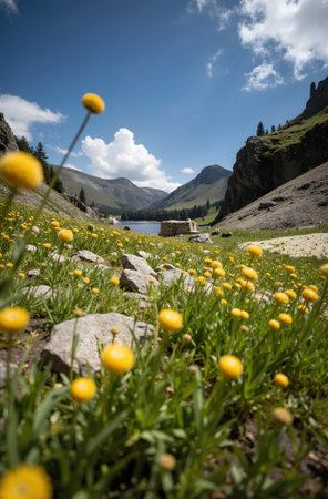Meadow with yellow flowers on the background of mountains and blue skyの素材