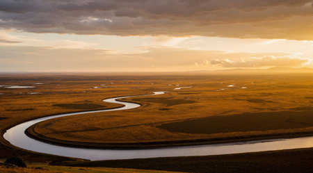 Sunset over the tundra in Iceland, Europe. Long exposure.の素材