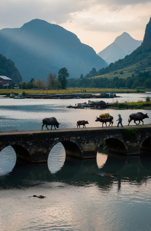 Landscape view of water buffalo in the lake with mountain background.の素材