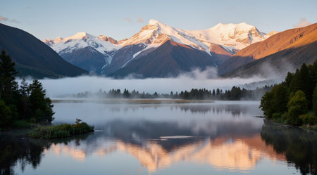 Natural landscape of New Zealand alps and lake with reflection in waterの素材