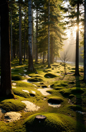 Sunset in the forest with moss and sun rays shining through treesの素材