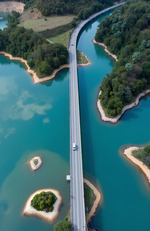 aerial view of a bridge over a lake with green trees and blue waterの素材