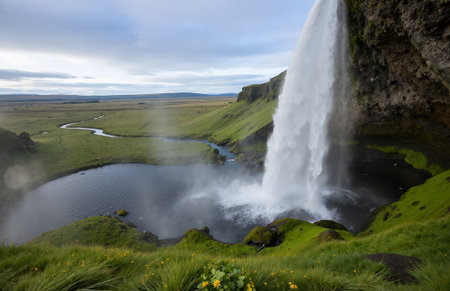Seljalandsfoss waterfall in southern Iceland, Europe.の素材