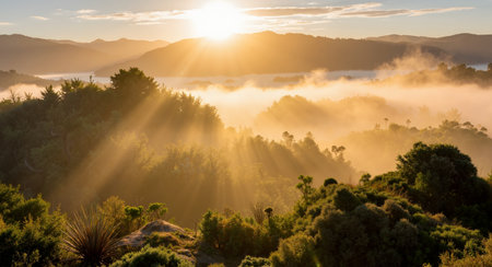 Sunrise over the misty valley in the Sierra Nevada mountains, Californiaの素材