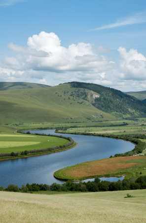 Landscape with river and meadows in the Altai Republic, Russiaの素材