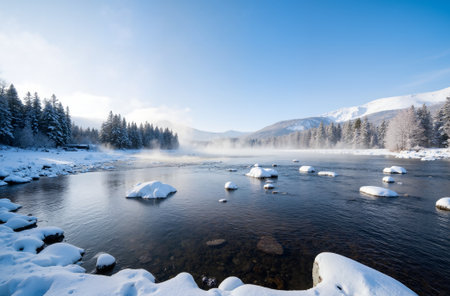 Foggy winter landscape with frozen lake and mountains in the backgroundの素材