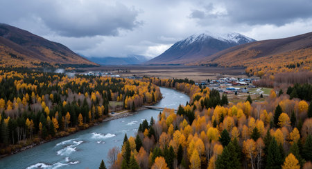 Aerial view of the river in the Altai mountains, Russiaの素材