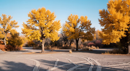 Autumn landscape with yellow trees, road and blue sky background.の素材