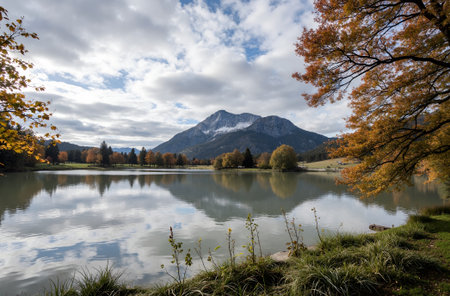 Autumn Landscape with lake and mountains in Bavaria, Germanyの素材