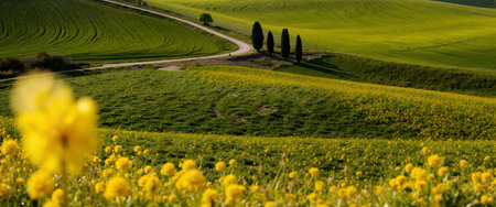 Panoramic view of spring fields in Tuscany, Italyの素材